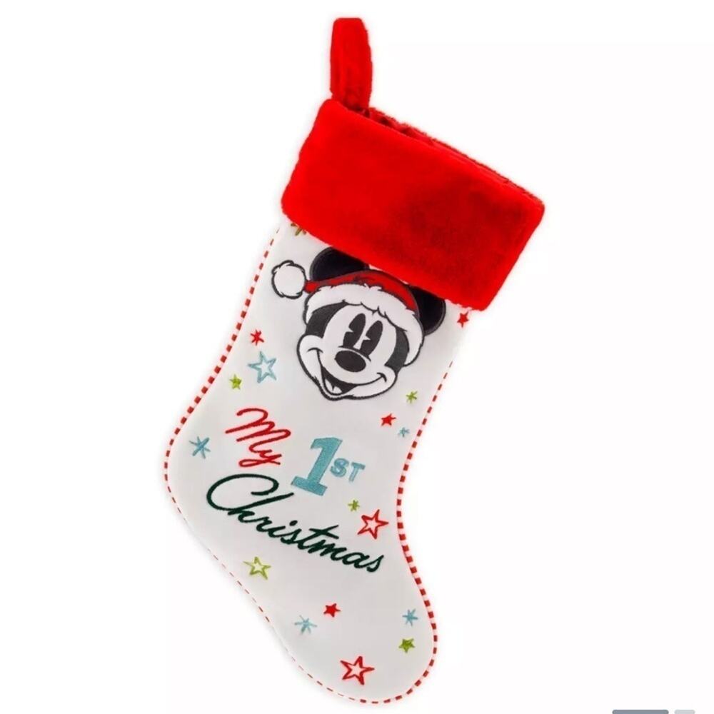 Disney Christmas Stocking Baby White Red Mickey Mouse‎ My 1st Christmas Holiday